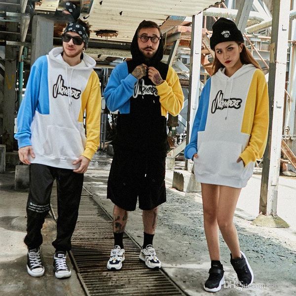 

hit color yellow and blue patchwork harajuku cotton letter printed men/women sweatshirt with hooded fashion hiphop, Black