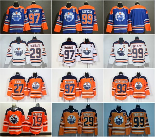 

news edmonton oilers 97 connor mcdavid jersey 99 wayne gretzky 29 leon draisaitl 27 milan lucic 93 ryan nugent-hopkins hockey jerseys, Black;red