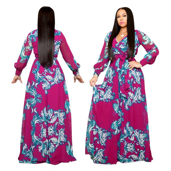 

womens print v neck dress womens chiffon long sleeve dress female floor length ball gown, Black;gray