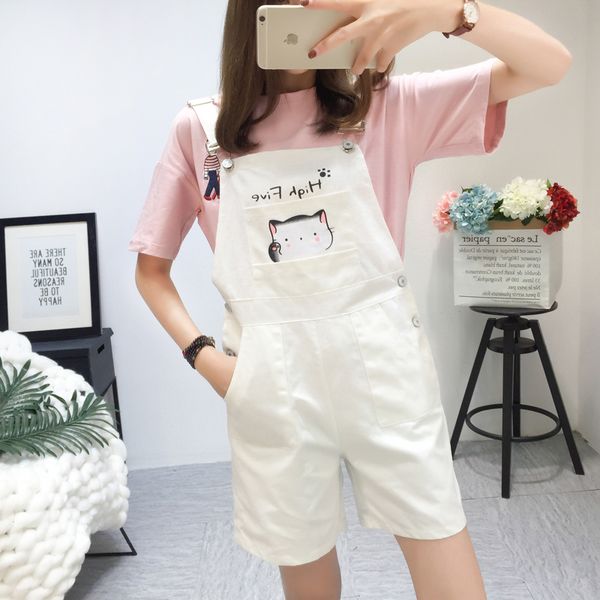 

women's shorts fashion high waist loose women kawaii overalls 2021 summer harajuku female slim lovely cat pink strap black white, White;black
