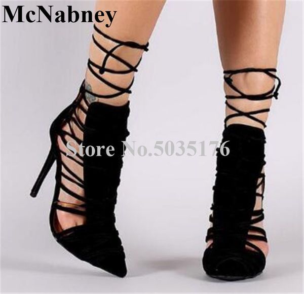 

2019 european fashion flock pointed toe stiletto heel mid-calf cross-tied strap short boots lace-up spring/autumn women shoes, Black
