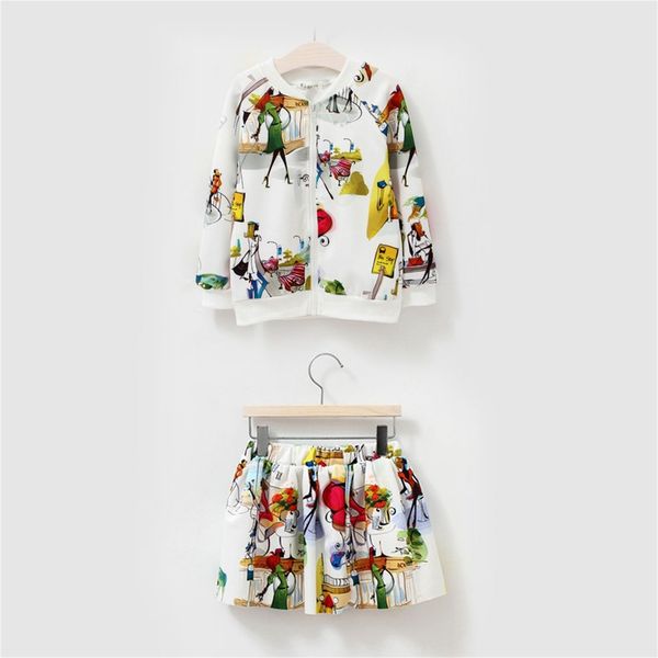 

spring autumn baby girls air layer printing long sleeves zipper coat and skirt fashion and casual two-piece set, White