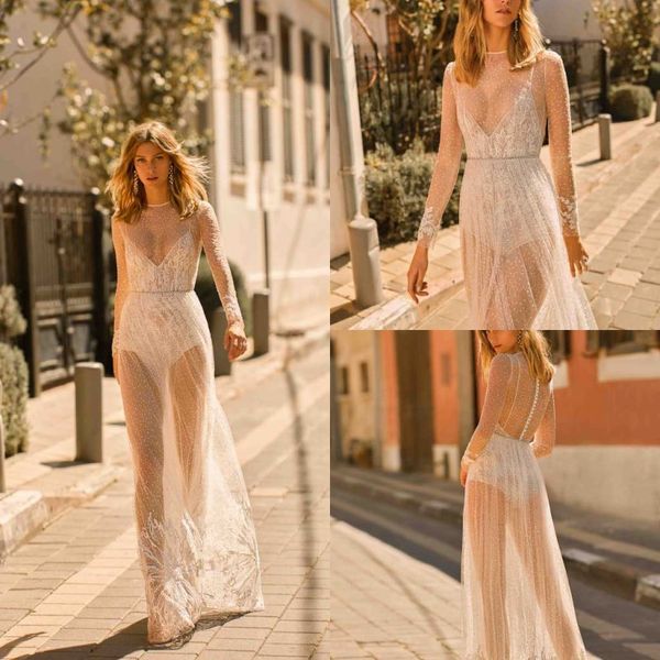 

muse illusion beach wedding dresses sheer jewel neck long sleeve plus size bridal gowns a line tulle wedding dress, White