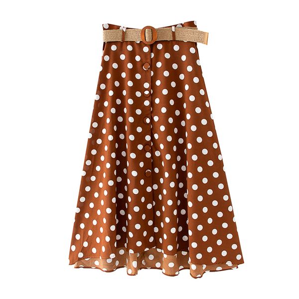 

2020 summer women polka dot print skirt with belt button high waist loose midi skirt female fashion beach skirts lady jupe femme, Black