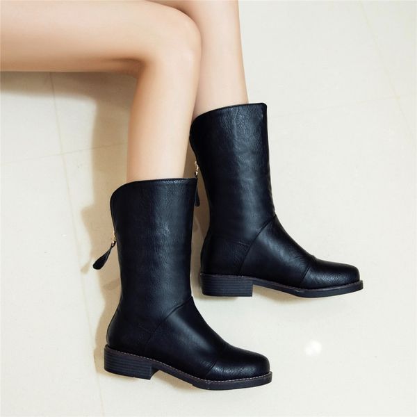 

boots big size fashion of women's with round head and low heel back zipper, Black