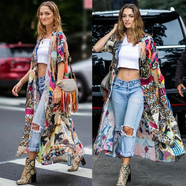 

2020 bohemian printed half sleeve summer beach wear long kimono cardigan cotton tunic women blouse shirt sarong plage n796, White;black