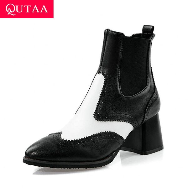 

qutaa 2020 pu leather fashion mixed color ankle boots pointed toe slip on women shoes square heel casual short boots size 34-43, Black