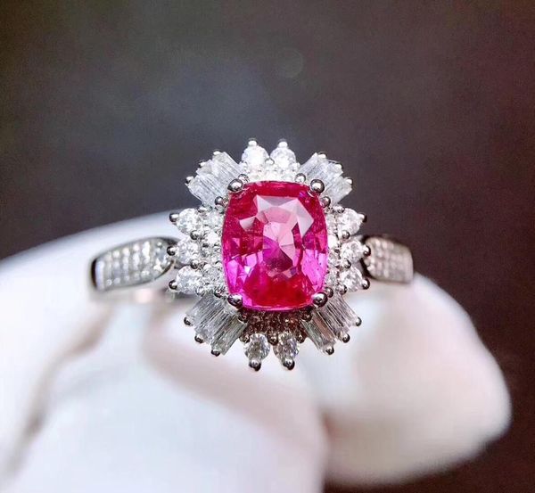 

pink sapphire ring real pure 18 k natural pink padparadscha sapphire gemstones 1.01ct diamonds stone female ring, Golden;silver