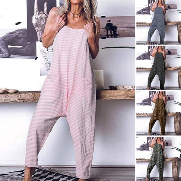 

women's long jumpsuits celmia 2020 summer striped rompers strap sleeveless casual loose drop-crotch work playsuit plus size, Black;white