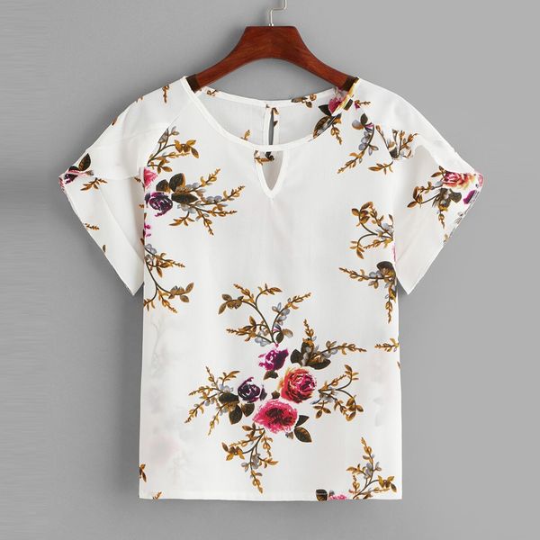 

blouse summer women floral print butterfly sleeve blouse crop chiffon sleeveless o-neck color femmes et blouses, White