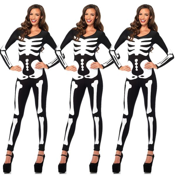 

white skeleton scary costume women halloween carnival cosplay black jumpsuit ghost demon cosplay horror outfit, Black;red