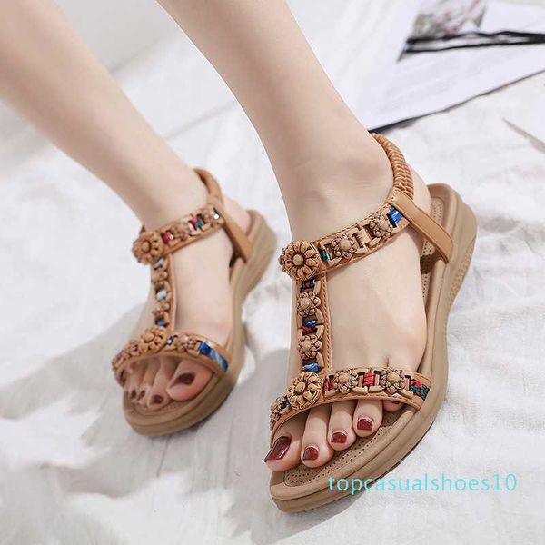 

beyarne ethnic style gladiator flats sandals women summer new arrival comfortable bohemia beaded roman beach shoes t10, Black