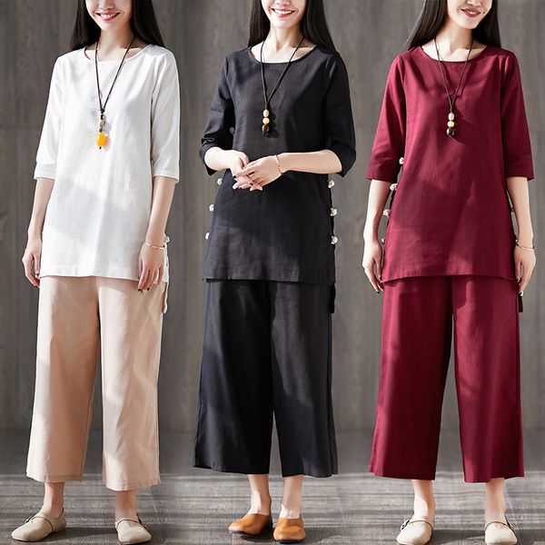 

cotton suit summer 2019 new leisure time easy pankou literature nine part pants flax twinset, Gray