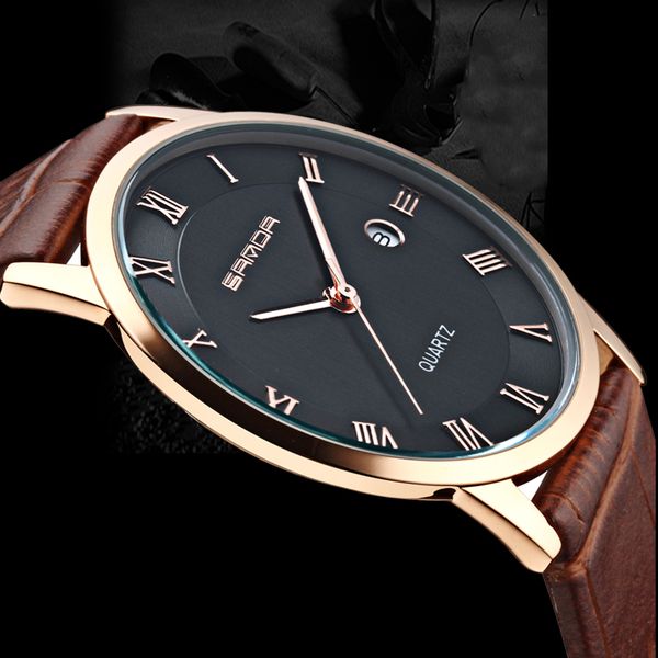 

sanda 7mm super slim men's watches leather business leisure calendar quartz watch male clock relojes hombre relogio masculino, Slivery;brown