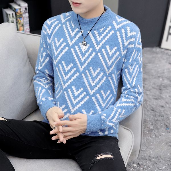 

men's 2020 autumn imitation mink fluff clothes teenagers jacquard sweater half high collar slim handsome, White;black
