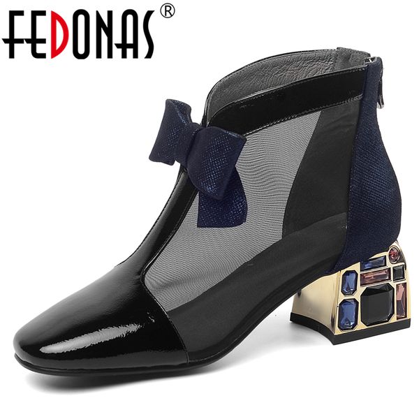 

style fedonas euro summer new fashion women patent leather ankle butterfly knot mesh crystal thick heel zipper boots woman, Black