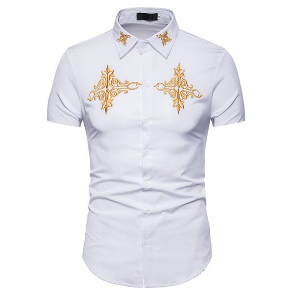 

men's hipster solid color dress shirts summer fashion casual slim fit short sleeve shirt men social shirt male embroidery a502, White;black