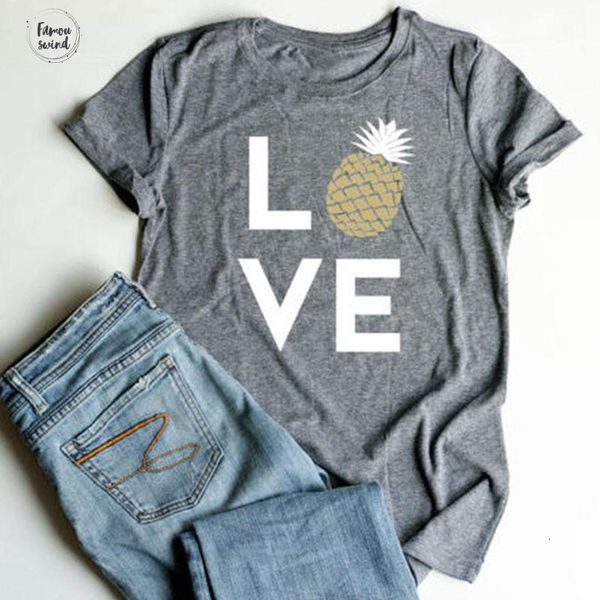 

плюс размер футболка летняя женщины любовь ананас печататься o образным вырезом с коротким рукавом дамы повседневная футболка женский tee, White