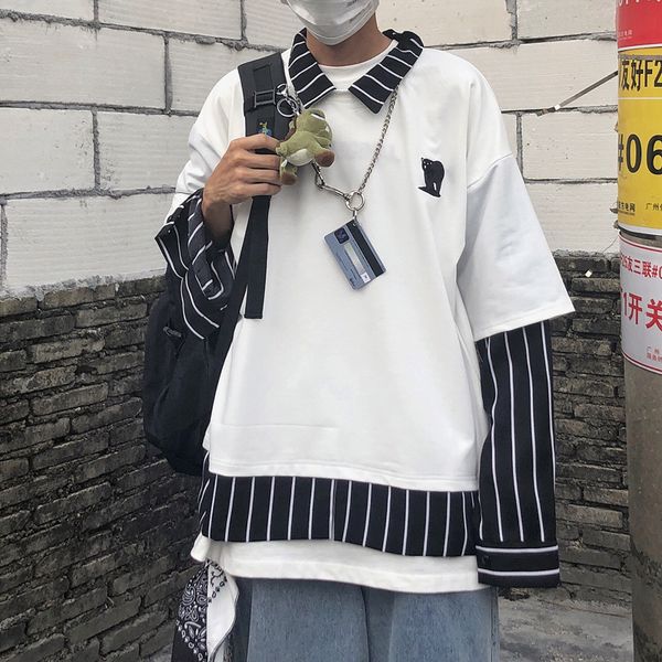 

autumn new hoodies men fashion striped stitching casual lapel pullover man streetwear hip hop loose fake two-piece sweatshirt, Black