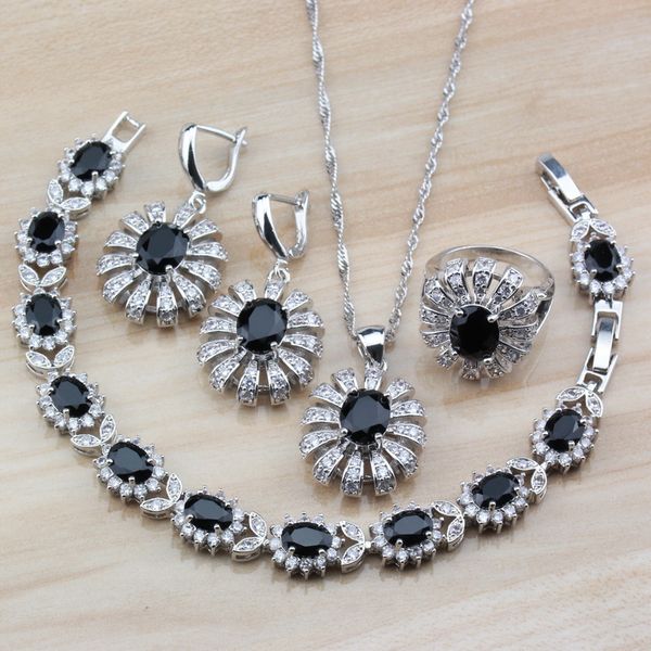 

925 серебряный женский костюм черный циркон трехмерный цветок большой ювелирные наборы мотаться серьги / ожерелье / браслет / кольцо, Slivery;golden