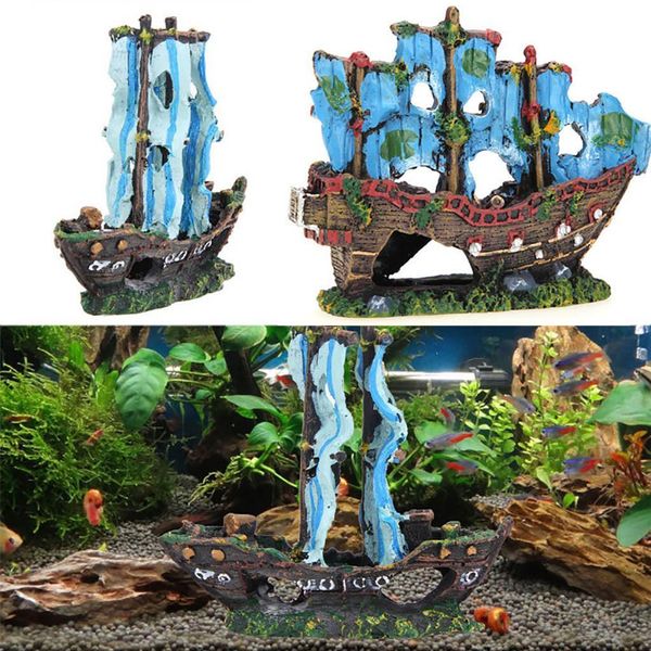 

small landscaped aquarium pirate fish tank boat artificial ornaments viewfinder glass house resin wreck pirate ship decor
