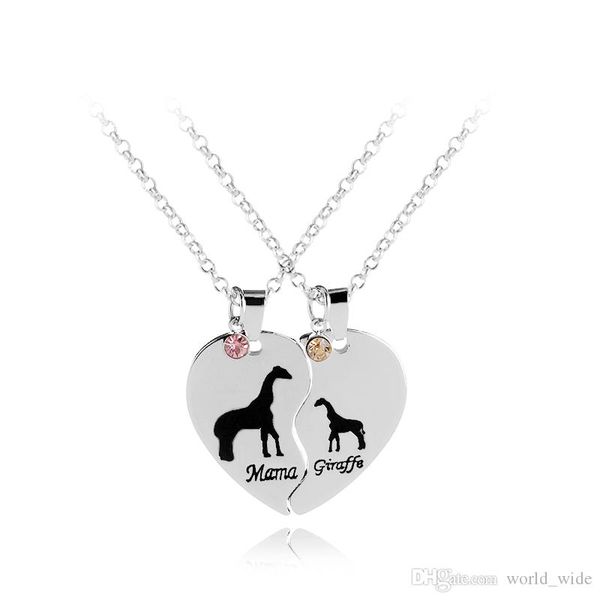 

split valentine heart mama and baby animal jewelry mama giraffe engraved crystal pendant necklace set gift for mom, Silver
