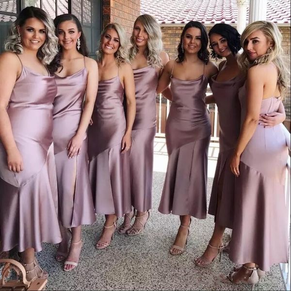 2018 Tea Length Sexy Straps Spaghetti Sheath Bridesmaid Dress