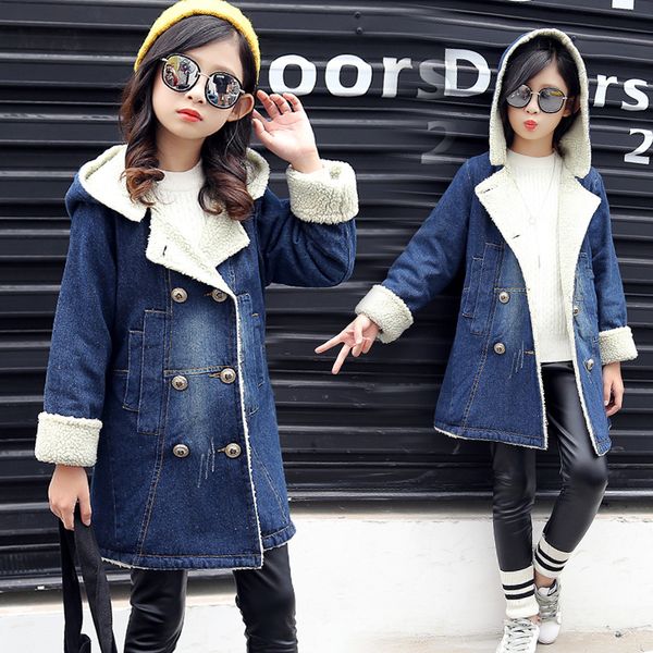 

children's denim windbreaker autumn and winter outwear new girls' cotton coat double-breasted cuffed lamb wool mid-length denim ja, Blue;gray