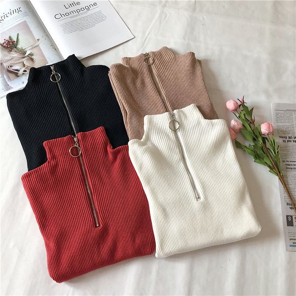 

designer women designer sweater long sleeve turtleneck and 2019 korean fashion autumn zipper knitted high elastic solid, White;black