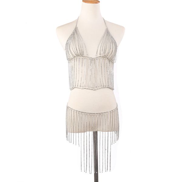 

super glittering beautiful full rhinestone tassel fashion bra skirt set waist belly body chain jewelry, Silver