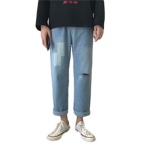 

fall vintage ripped drop jeans male loose teen straight casual wide-leg pants, Blue