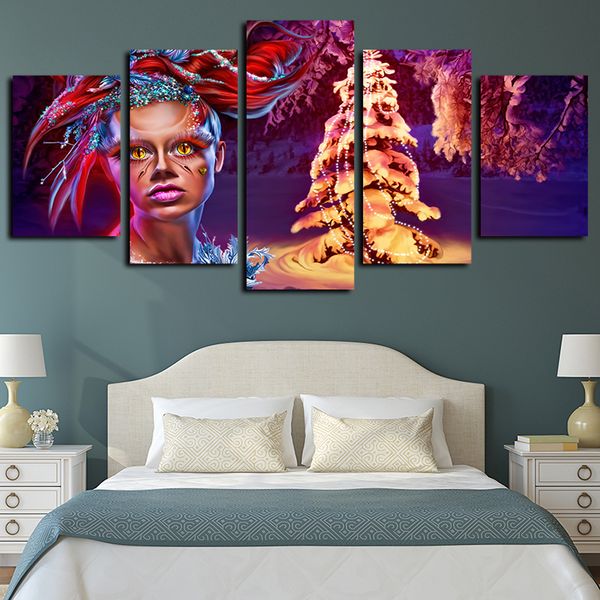 

5 panels cartoon anime christmas tree painting artworks giclee canvas wall art for home decor abstract poster canvas print oil painting