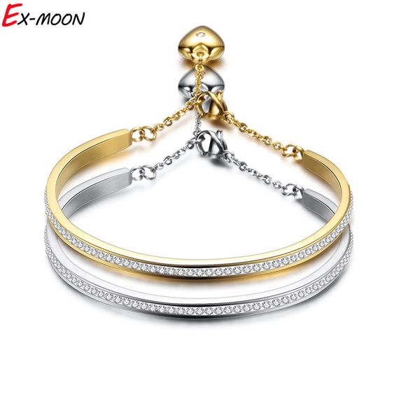 

women stainless steel heart bracelets bangles female crystal cz link chains cuff bracelets popular metal bracelet, White