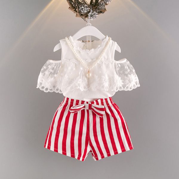 

girls clothes new summer sets bare shoulder lace blouse +striped shorts 2pcs suits for kids children's clothing, White