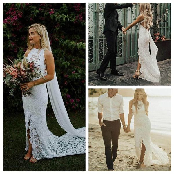 

classic design high neck fitted white mermaid wedding dresses with slit chapel train wedding dress 2019 boho lace robe de mariee