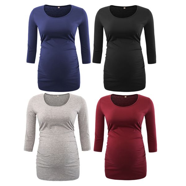 

maternity t-shirts pregnant tees woman coats solid printed leisure round neck fold long sleeve regenerated cellulose fiber 23, White