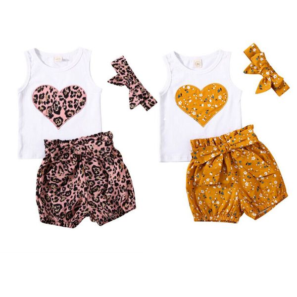 

3pcs newborn infant baby girls summer clothes sets lovely heart sleeveless lace up high waist leopard outfit sets, White