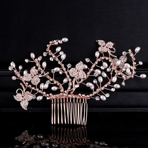 

new design leaf rose gold color hair combs pearl wedding women hair jewelry accessories rhinestone head decoration ornament, Golden;white
