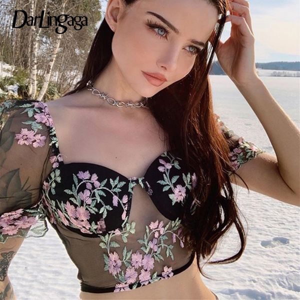 

darlingaga square neck floral embroidery mesh blouse women chic transparent cropped bustier summer blouses shirts short, White