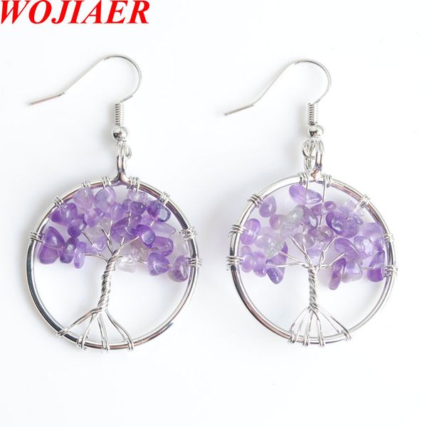 

wojiaer tree of life dangle earrings ear drop natural amethyst chip stone bead reiki 7 chakra healing jewelry dr8003, Silver
