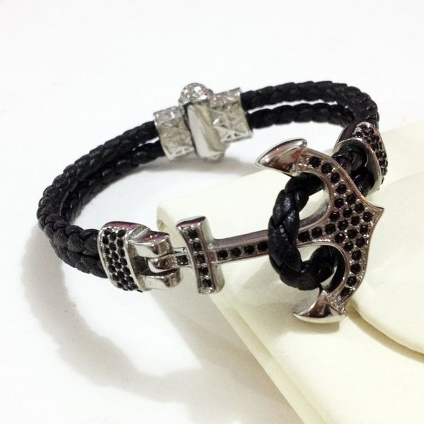 

punk atolyestone emperor navy anchor bracelet men stainless steel blue leather cuff bracelets & bangles men women gift, Golden;silver