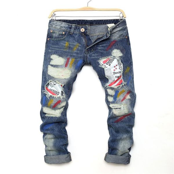 

оптовая продажа-хэллоуин джинсовые байкерские джинсы мужчины тощие 2016 тонкие эластичные джинсы хип-хоп промытые печатные отверстия залатан, Blue