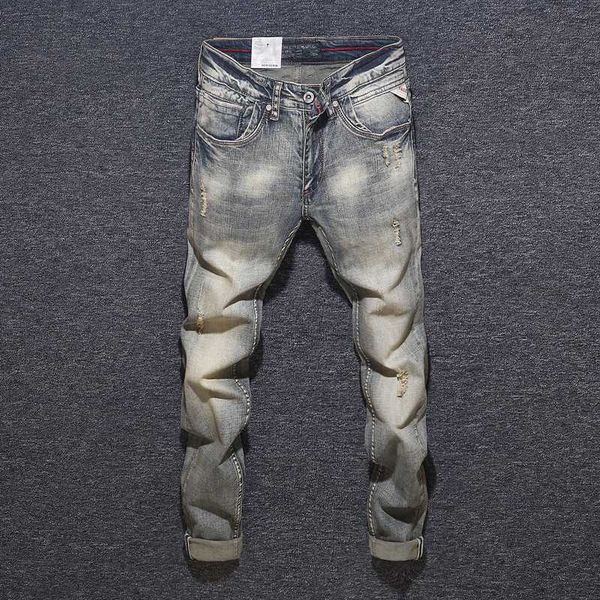 

italian style fashion men jeans retro yellow washed slim fit elastic ripped jeans men denim pants vintage designer homme, Blue