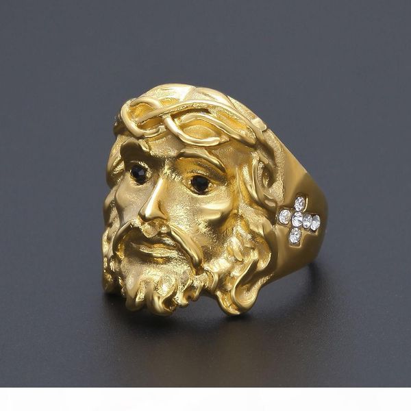 

men hip hop ring color retaining jesus cross cz jesus head ring gold plated stainless steel simulate dimond iced out rings, Golden;silver
