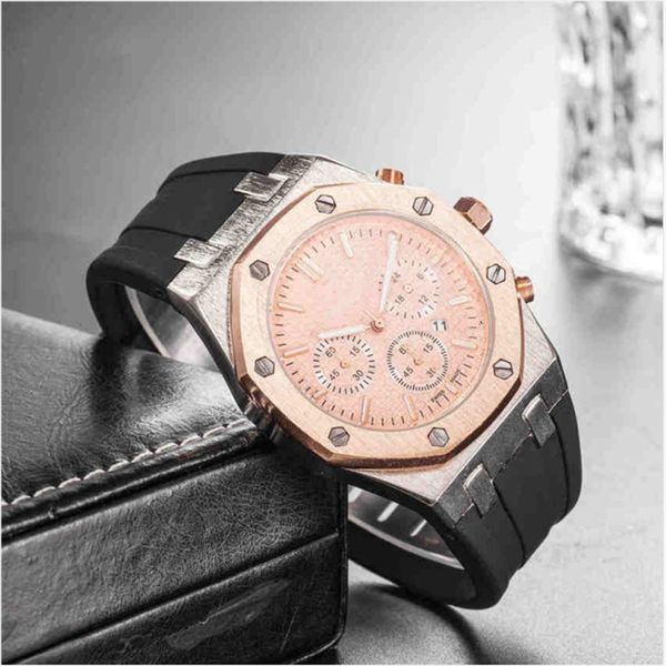 

mens luxe watches stainless steel clock dial sapphire quartz rubber strap watch for men gold sport casual wristwatches 07, Slivery;brown