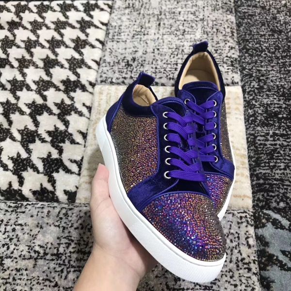 

wholesale high sneakers red bottom rhinestone purple velvets with strass sneakers shoes red soles luxury design men wedding dress flats, Black