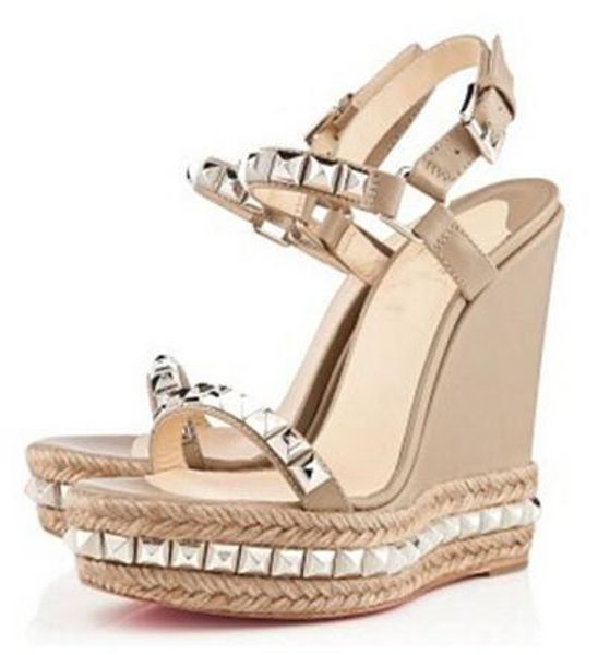 

famous ladies red bottom wedge cataclou sandals gold patent leather studded ladies ankle strap women's pumps party dress eu35-42,with b, Black