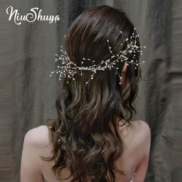 

niushuya wedding hair jewelry pearl bride tiaras hair vine headdress gold headbands hairband gift for women bridal accessories, Golden;white
