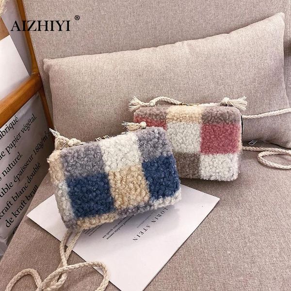 

fashion plaid hit color women crossbody bags fleece classic shoulder messenger small rope handbag ladies satchel purse