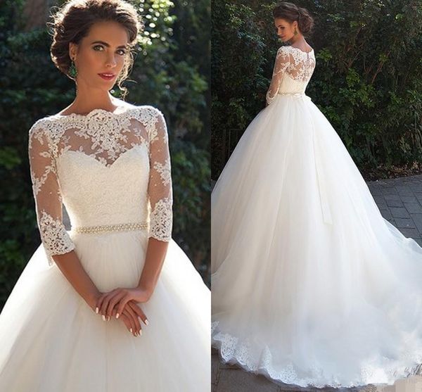 

vintage arabic lace half sleeves a-line wedding dresses 2018 bateau pearls tulle princess bridal gowns with see through back, White